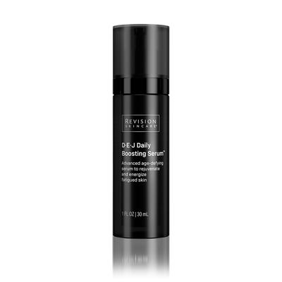 Black skincare serum bottle with 'Revision Skincare' branding on a white background