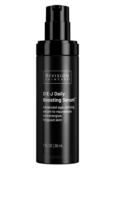 A black pump bottle of Revision D.E.J Daily Boosting Serum with white and green label text.